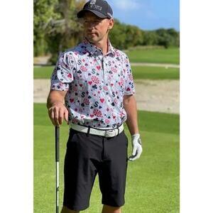 Hreski polo shirt poker print grey Size medium preppy performance golf novelty
